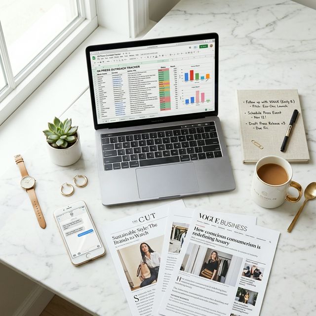 Magazines and press clippings on a marble desk